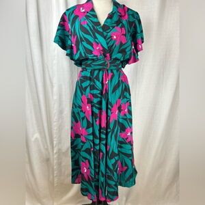 Vintage 80s On The Rocks California Tropical Floral Wrap Dress Teal Pink Belted